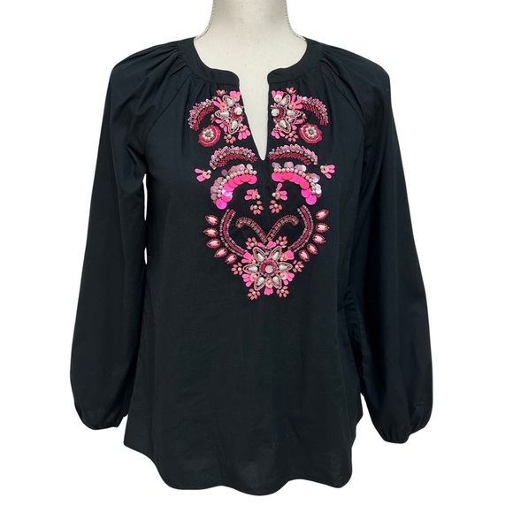 Lilly Pulitzer Iva Embellished Top Black Pink V-Neck Boho Long Sleeve SZ XXS - Picture 3 of 10